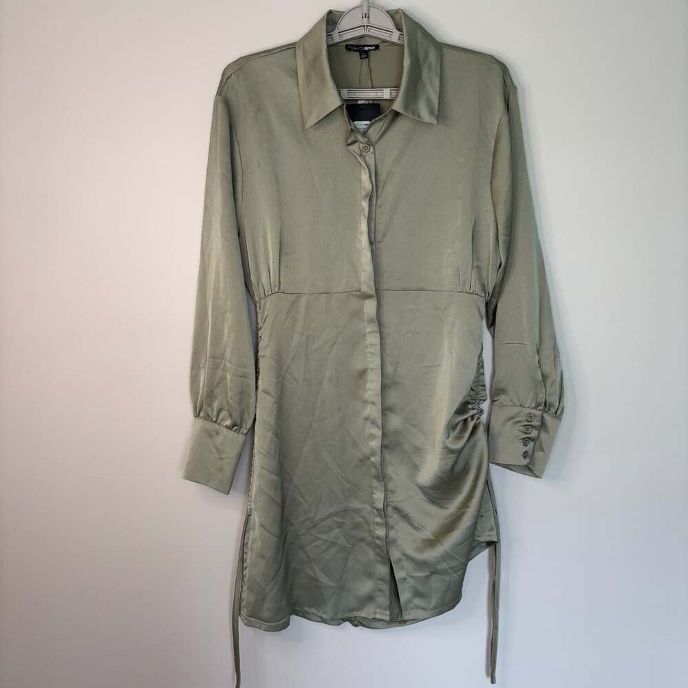 Fashion Nova NEW sation sultry shirt dress women L green long slv drawstring hem